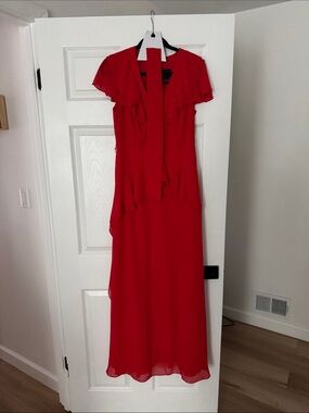 SHAN Red Maxi Dress with Tie-Neck and Flutter Sleeves